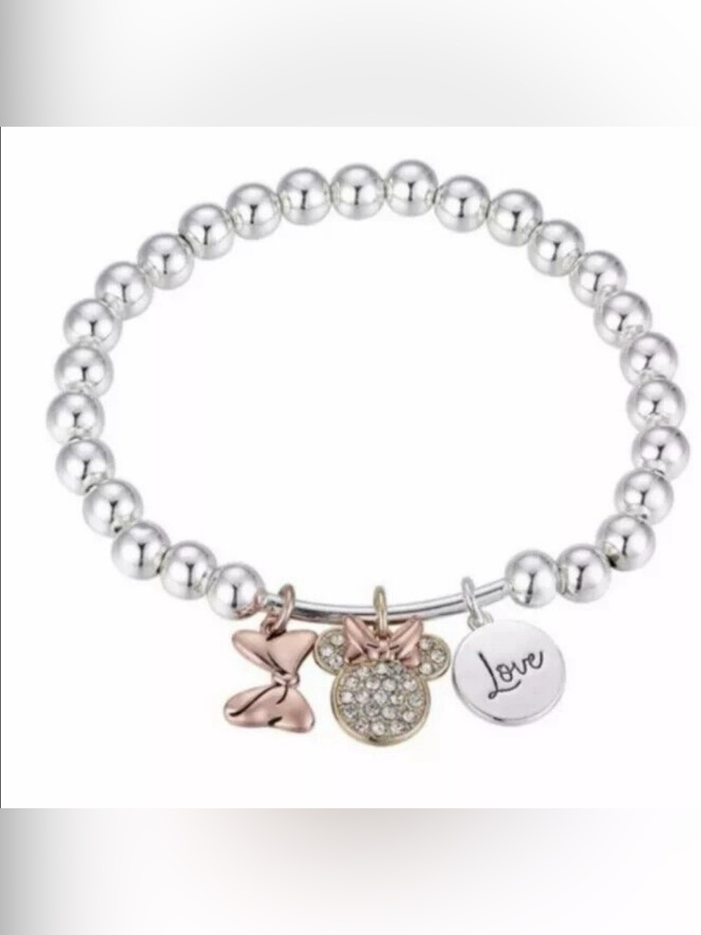 Disney Silver-Tone Beaded Bracelet with Rose Gold Minnie Charms